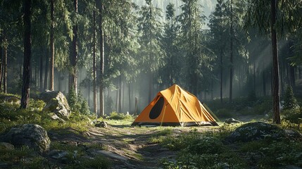 A yellow tent is set up in a forest