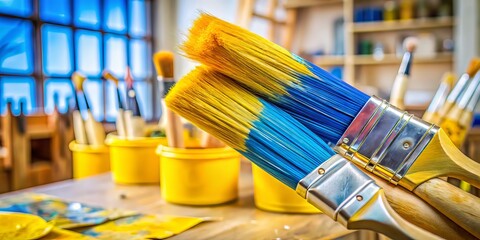 Yellow and blue paintbrushes stand amidst a creative studio's tools, surrounded by canvases, palettes, and other