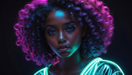 Portrait of beautiful young woman with dark skin and afro curly hair under neon light
