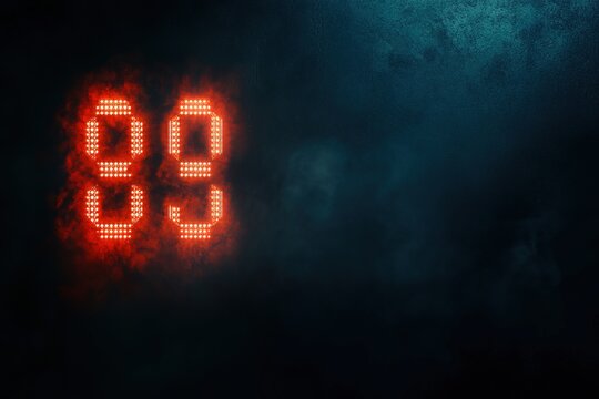 Red digital numbers 99 on dark smoky background