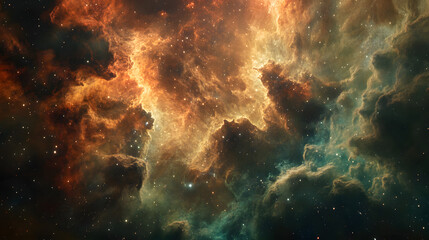 Fototapeta premium Fiery nebula explodes in a cosmic dance, painting the dark sky with swirling patterns of orange and blue flames