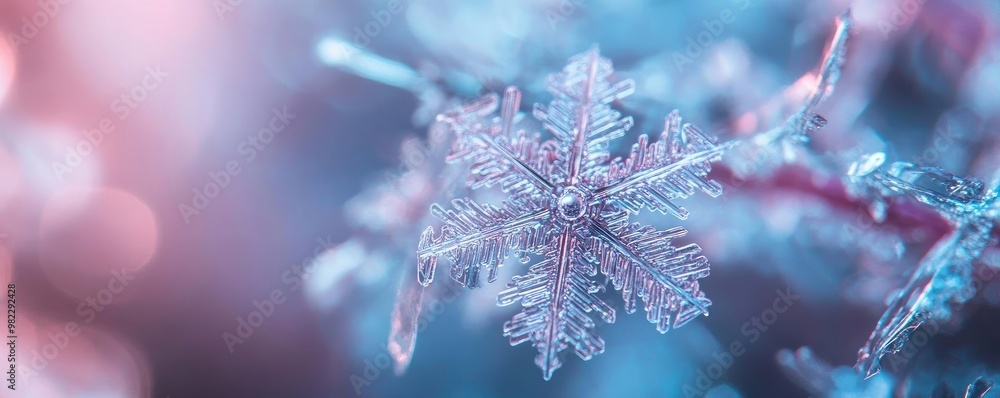 Poster a close-up of a beautiful snowflake reflecting radiant colors, showcasing intricate patterns and del