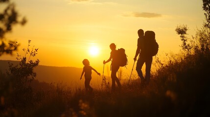Fototapeta premium A family, a father and two sons, hiking in the wilderness at sunset.