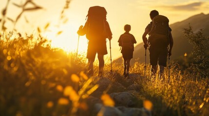 A family, a father and two sons, hiking in the wilderness at sunset.