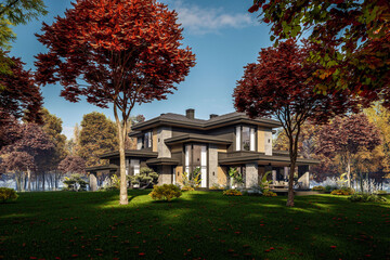 3d rendering of modern two story house with gray and wood accents, large windows, parking space in the right side of the building, surrounded by trees and bushes, daylight in autumn day