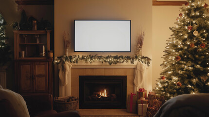 Cozy Christmas atmosphere with a fireplace, TV, and decorated tree featuring warm lights and holiday gifts