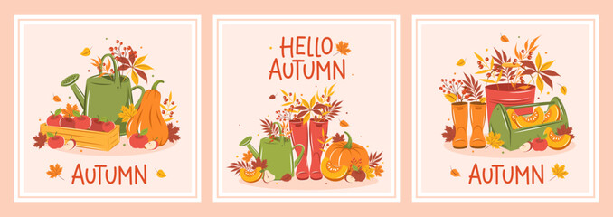 Fototapeta premium Holiday card set with pumpkin, fruit, cute wellies boots, watering can and autumn leaves. Hello Autumn. Happy thanksgiving. Vector illustration