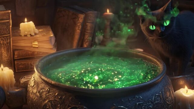 A mysterious black cat watches over a bubbling cauldron filled with glowing green liquid in a dimly lit magical library
