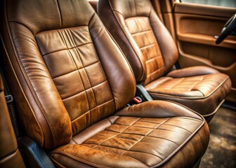 Obraz premium A worn, brown leather car seat with creases and scratches, set against a simple background to focus on the dull, earthy tone.