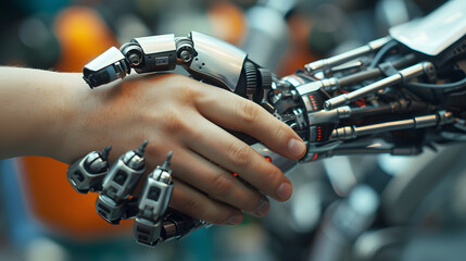 Handshake between an android robot and a human as an interaction gesture. AI Generated