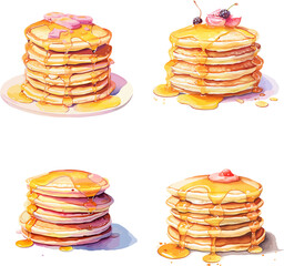 Pancakes With Syrup Watercolor Vector Illustration.