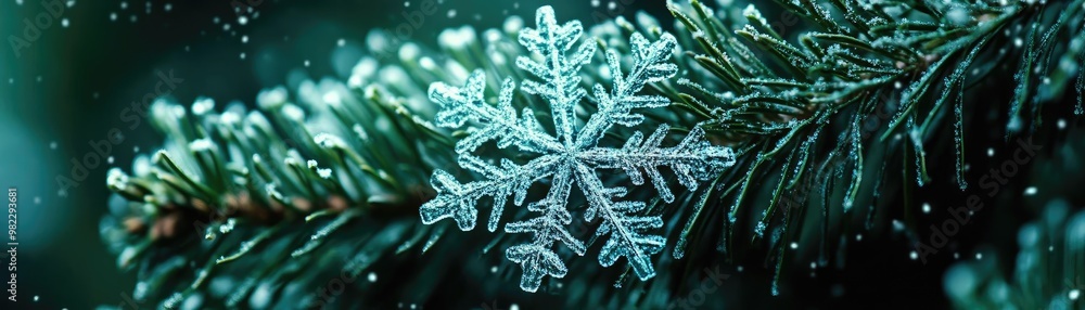 Aufkleber a close-up of a delicate snowflake resting on a pine branch with a serene, frosty backdrop, capturin