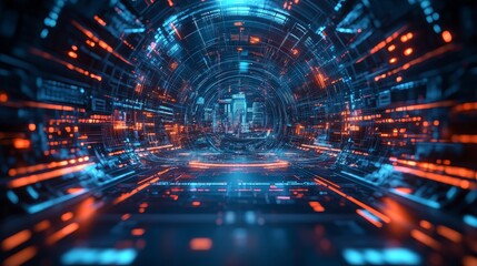 Fototapeta premium A cyberpunk-inspired holographic wheel turning slowly, with futuristic city landscapes cycling through day and night. Cyberpunk, Hologram