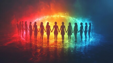 Fototapeta premium A diverse group standing in a glowing circle, holding hands, holographic background, symbolizing unity, equality, togetherness, futuristic lighting, Neon colors, 3D illustration