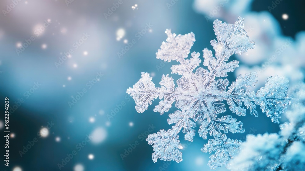 Poster beautiful close-up of a snowflake with a blurred blue background, capturing the essence of winter an