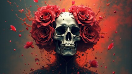 a skull with flowers on it and a skull with red petals.