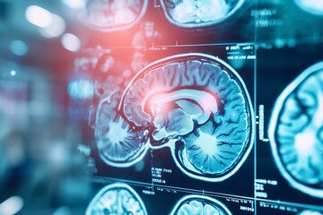 Detailed close-up of a brain with highlighted areas during an MRI scan