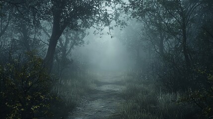 Fototapeta premium Mysterious Journey Through a Forest: A Narrow Winding Road Through Misty Woods Leading to Unknown Horizons