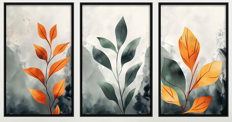 Naklejka premium set of canvases frame with an abstract foliage. green and orange Plant stick art minimal design wallpaper autumn leaves 