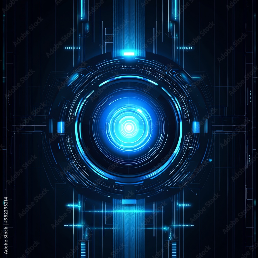 Poster abstract blue glowing digital technology background with a circle in the center and lines.