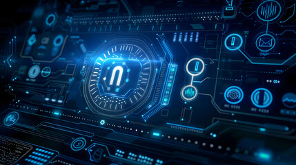 Obraz premium Abstract Digital Interface with a Blue Neon Letter N in the Center of the Screen