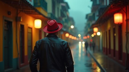 Obraz premium a man wearing a red hat walks down a street in the rain.