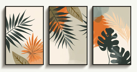set of canvases frame with an abstract foliage. green and orange Plant stick art minimal design wallpaper autumn leaves 