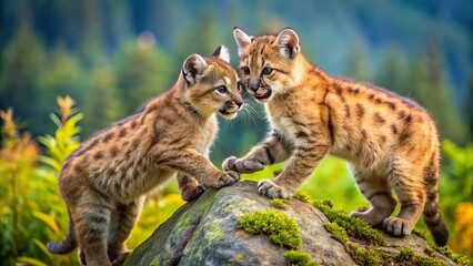 Fototapeta premium Fierce little balls of fluff, the cougar cubs chase and tussle, claiming ownership of the wilderness.
