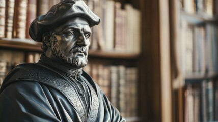 Fototapeta premium Bronze statue of historically significant figure in traditional attire, surrounded by old bookshelves dimly lit library