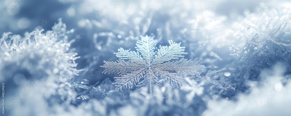Aufkleber A close-up view of a delicate snowflake on soft, shimmering snow, showcasing intricate patterns and winter beauty.