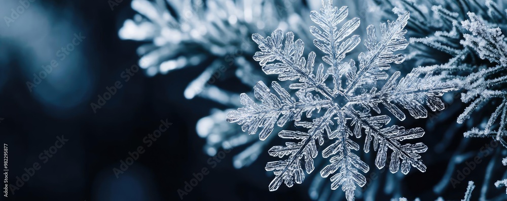 Poster a close-up of a delicate snowflake glistening against a soft blue background, showcasing its intrica