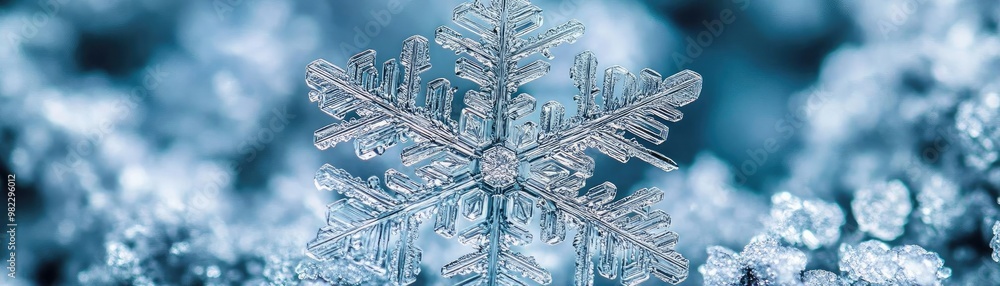 Poster Close-up view of an intricate snowflake resting on soft snow, highlighting winter's beauty and unique crystal formations.