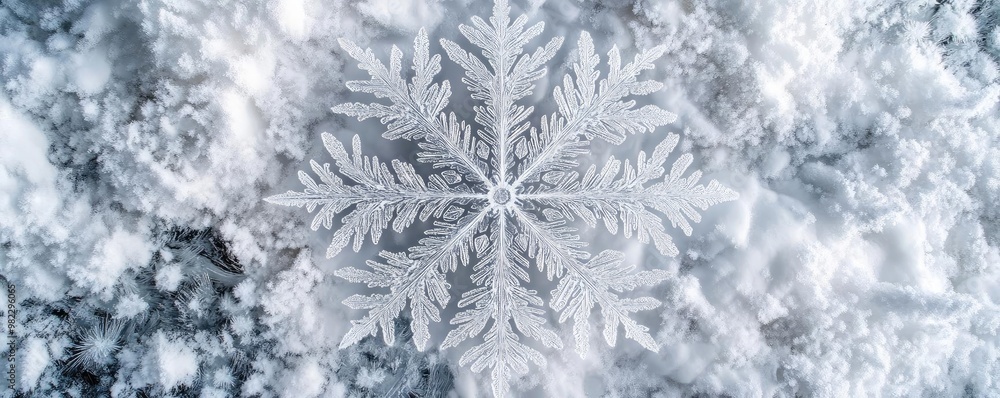Poster A close-up view of a delicate snowflake resting on a snowy surface, showcasing intricate patterns and natural beauty.