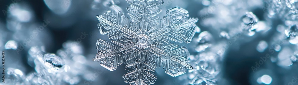 Poster A close-up view of a beautiful snowflake, showcasing intricate details and unique crystal formations in a wintry setting.