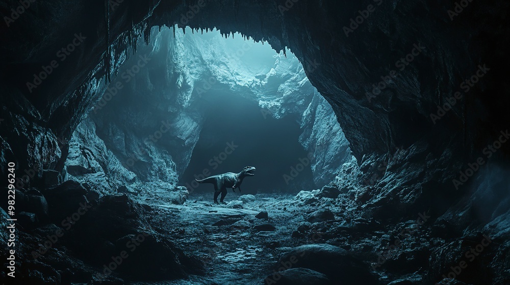 Poster surreal dark cave with a t-rex figure inside.