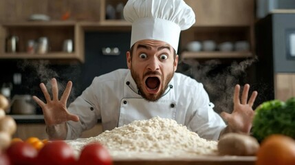 A man in a chef hat standing over piles of food, AI