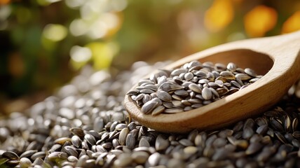 Obraz premium Close-up of sunflower seeds in wooden spoon with blurred outdoor background
