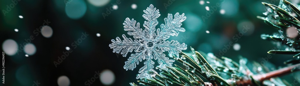 Poster A close-up of a delicate snowflake resting on a pine branch, surrounded by shimmering winter lights and falling snow.