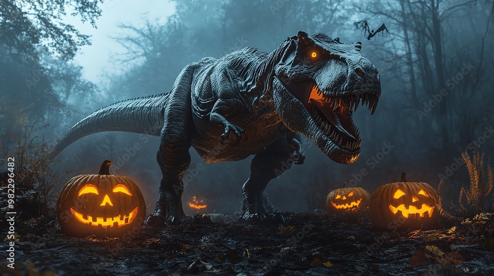 Sticker T-Rex with jack-o'-lanterns, Halloween mist, dark landscape, 3D illustration