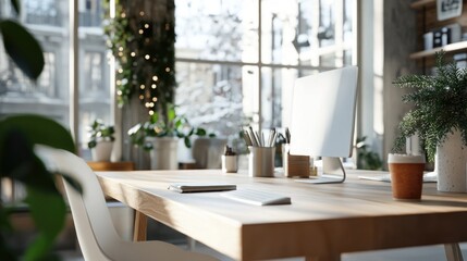 Open office space decorated for Christmas holidays with trees and ornaments, creating warm and festive atmosphere at workplace