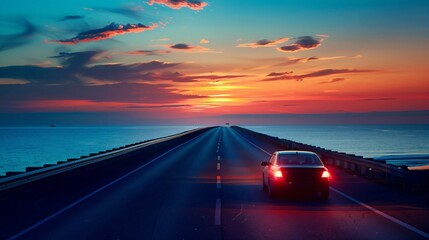 A lone car driving on a seaside highway at sunrise, the road stretching into the horizon with morning light reflecting off the hood. The car's silhouette is sharp against the vibrant sky, emphasizing 