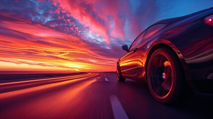 Fototapeta premium A lone car driving on a seaside highway at sunrise, the road stretching into the horizon with morning light reflecting off the hood. The car's silhouette is sharp against the vibrant sky, emphasizing 