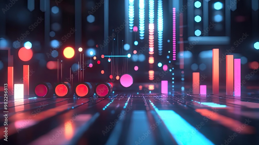 Aufkleber Abstract data visualization with colorful bars and dots, representing digital trends and statistics in a futuristic environment.