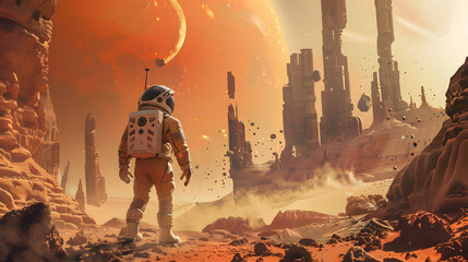 Fototapeta premium An astronaut in a spacesuit on the surface of an uncharted planet. AI Generated