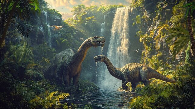 Two Dinosaurs by a Waterfall in a Lush Jungle