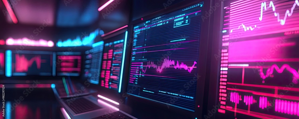 Poster futuristic digital interface displaying financial data and charts in neon pink and blue tones, perfe