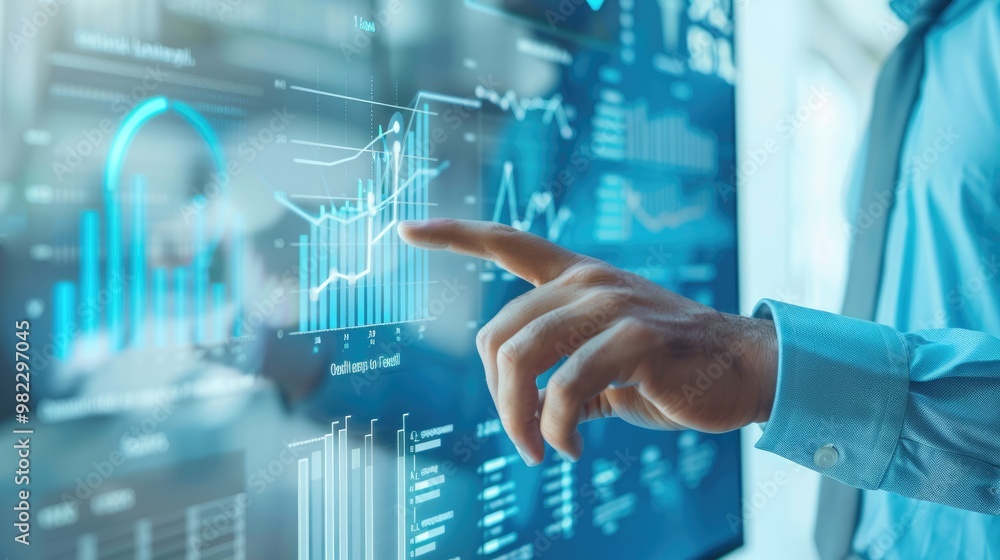 Poster front view of man,close up index finger of businessman touching on infographic with graphs , busines