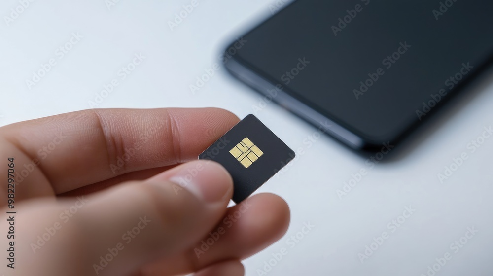 Poster hand holding a small sim card contact side with a phone visible in the background in white backgroun