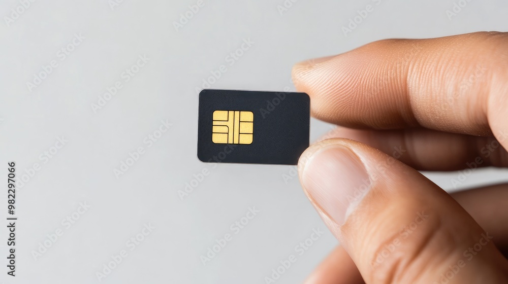Poster hand holding a small sim card contact side with a phone visible in the background in white backgroun