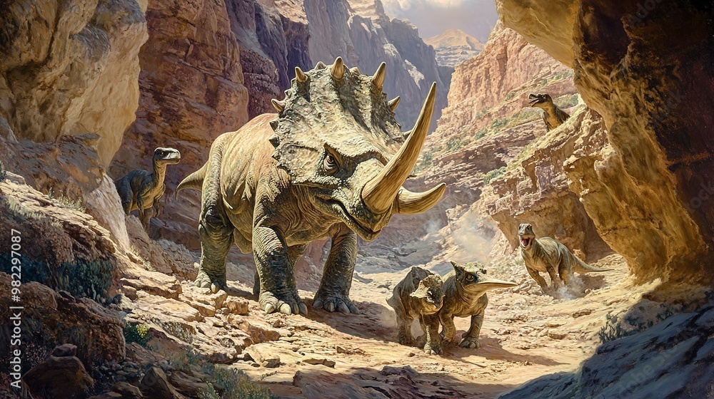 Sticker male Triceratops protecting its young in a rocky canyon with other dinosaurs nearby